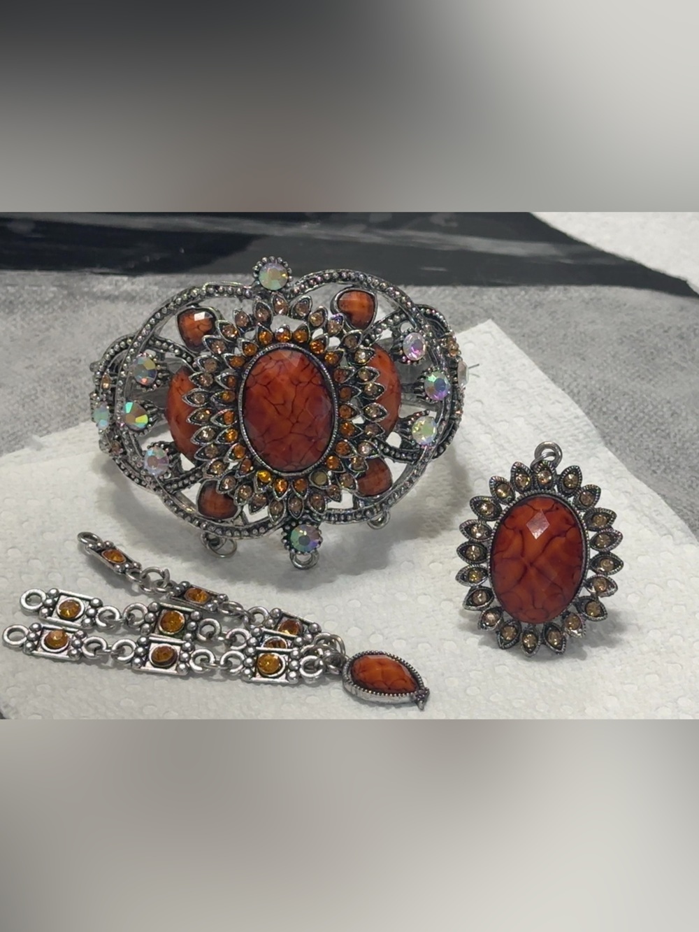 Vintage-Inspired Orange Stone Silver Bracelet and Ring Set